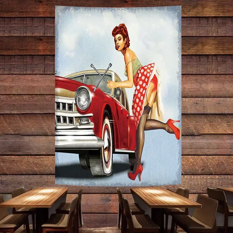 Auto Repair Shop Banners - Vintage Auto-Reparatur-Service Poster Pin-Up-Girl Wandteppich Wandbild